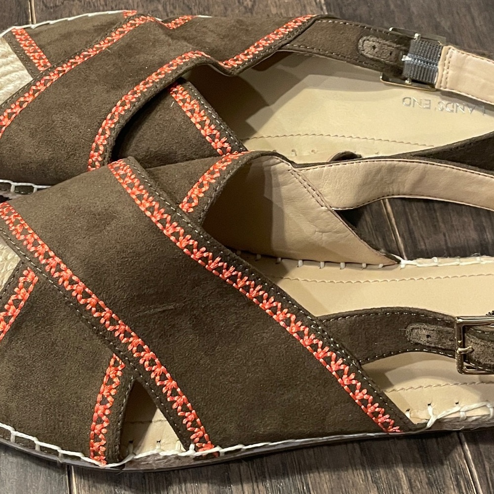 Lands End Women's Size 8.5B Brown Suede Pink Trim Sling Back Espadrille - Picture 2 of 5